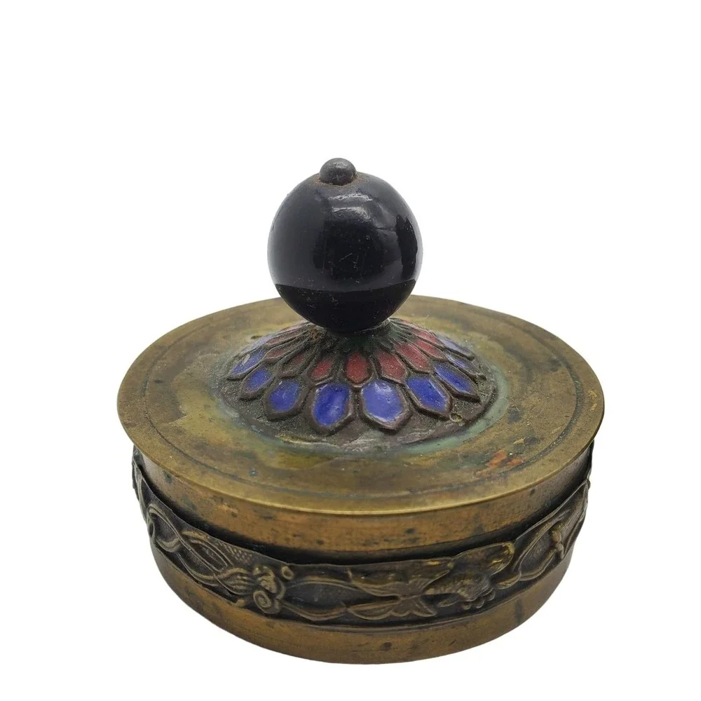 Brass Cloisonné Enamel Hexagonal Trinket Box Jewel Tone Floral Panels Boho Decor